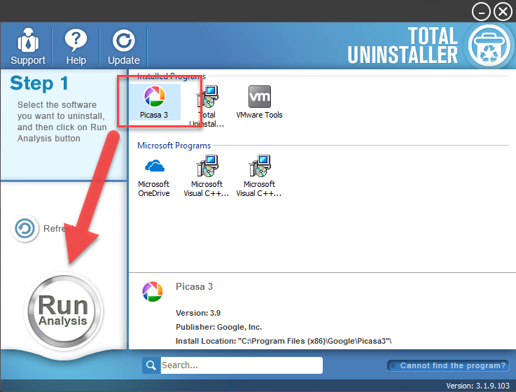 uninstall Picasa with Total Uninstaller